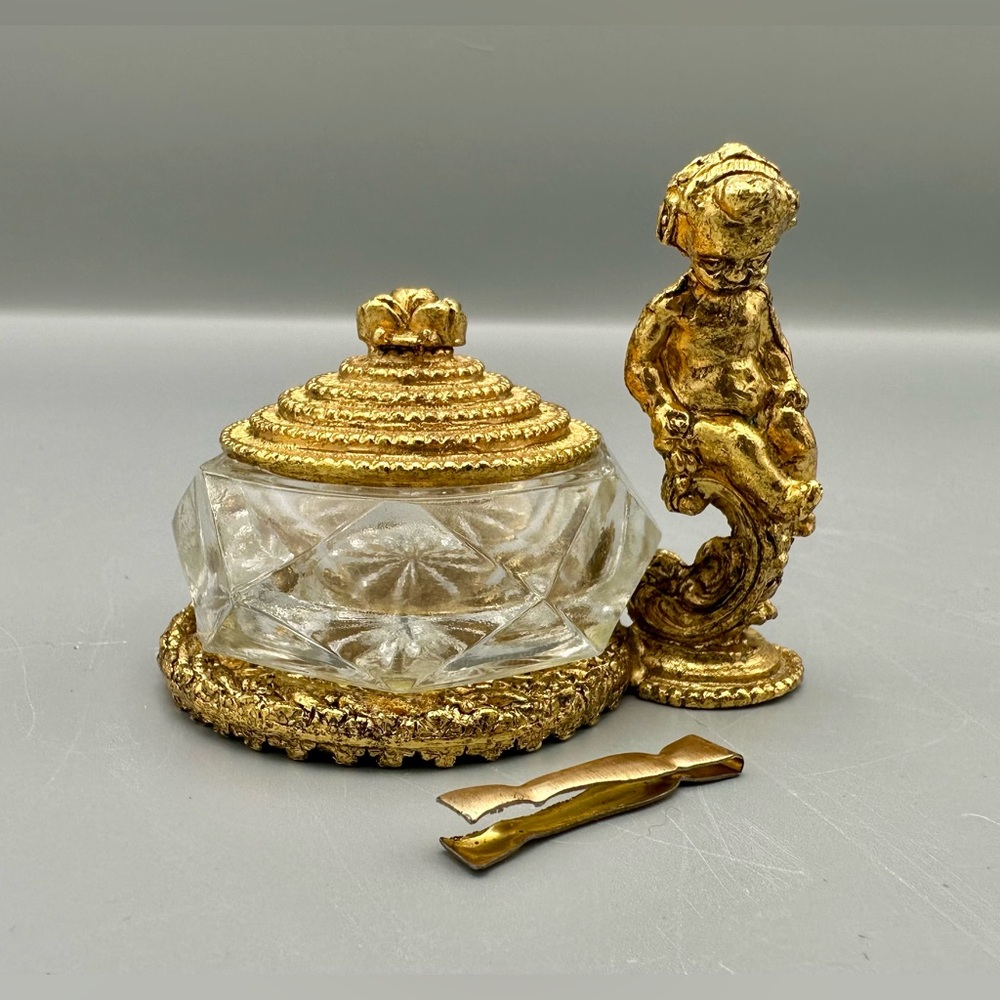 Vintage Gilt Cherub Salt Cellar Glass Insert w Tongs Hollywood Regency Gold